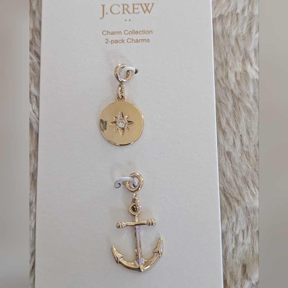 NWT J. CREW 2 CHARMS NECKLACE BRACELET GOLD NAUTICAL ANCHOR ROUND CHARM W STONE